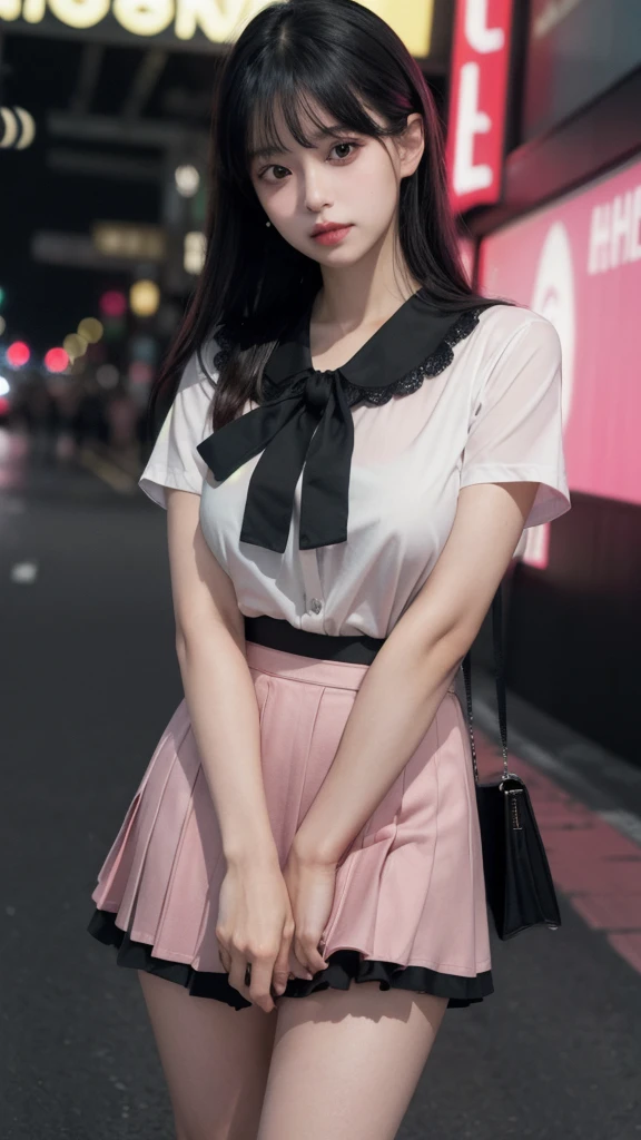 (8k, RAW photo, best quality, masterpiece:1.2), (realistic, photo-realistic:1.33), best quality,1girl,large breasts,ribbon, pink skirt, black hair, pleated skirt, black shirt,jirai fashion, long hair, brown eyes, pink lips, cute,hime cut, neon lights, jirai kei, tokyo \(city\),, (8k, RAW photo, best quality, masterpiece:1.2), (realistic, photo-realistic:1.33), best quality