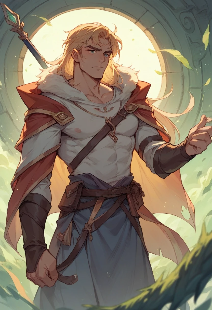 (best quality), masterpiece, ultra-detailed, old guy, beard, muscular physique,full body portrait,blonde hair, intense blue eyes, stream, forest, hairly chest, loincloth