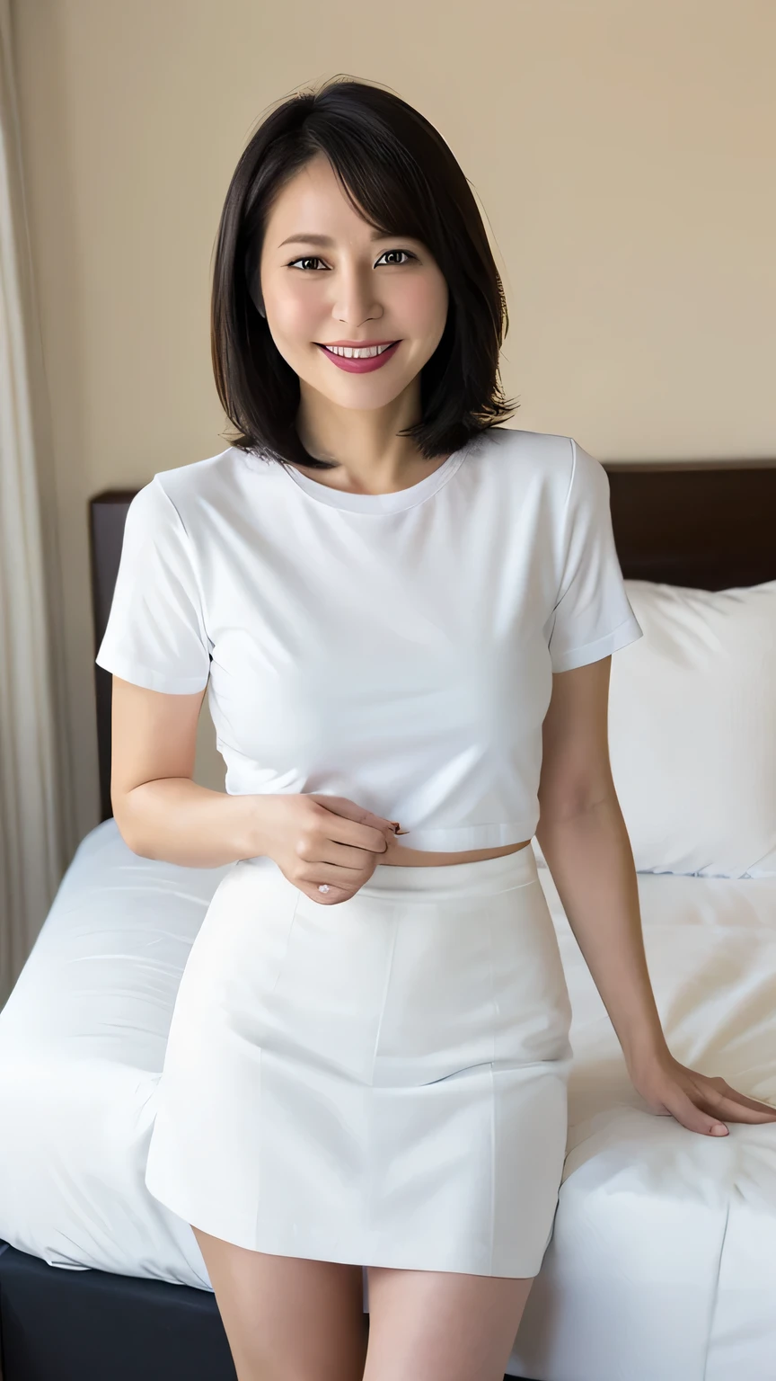 White Tight Mini Dress、a bed、a smile、shortsleeves