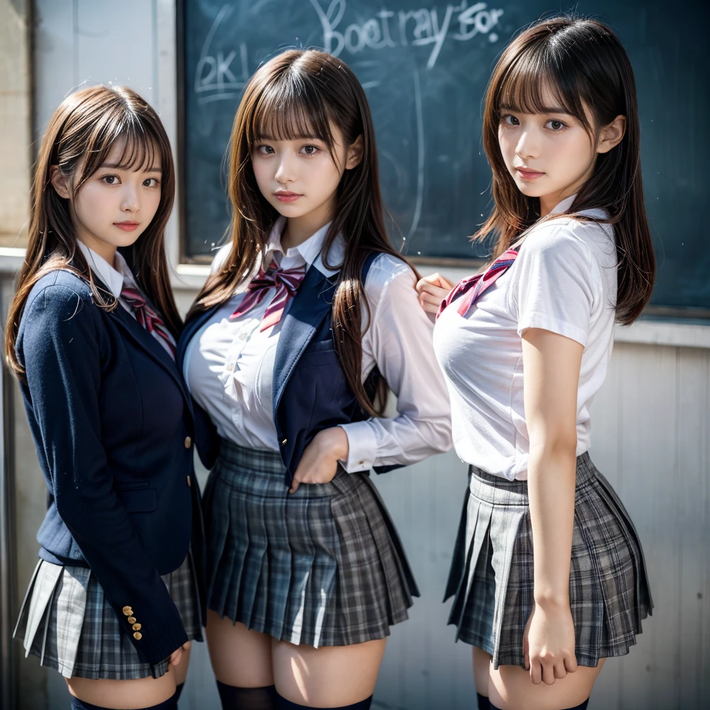 masterpiece, best quality, illustration, Super detailed, fine details, High resolution, 8K,wall paper, perfect dynamic composition,(Details High quality, realistic depiction of eyes:1.3), (2 girls, 2 schoolgirls:1.2), from side, High School Classroom、High school girl uniform、blazer 、Super Short Check Uniform Skirt、Navy blue high socks、garterbelts、Colossal tits、Disturbed uniform, short bob hair, black hair color, huge breasts, Big Natural Color Lip, bold sexy pose, (perfect body shape), crying a little、 Harajuku style、20 year old girl、 beautiful legs, hposing Gravure Idol, Voluptuous thighs