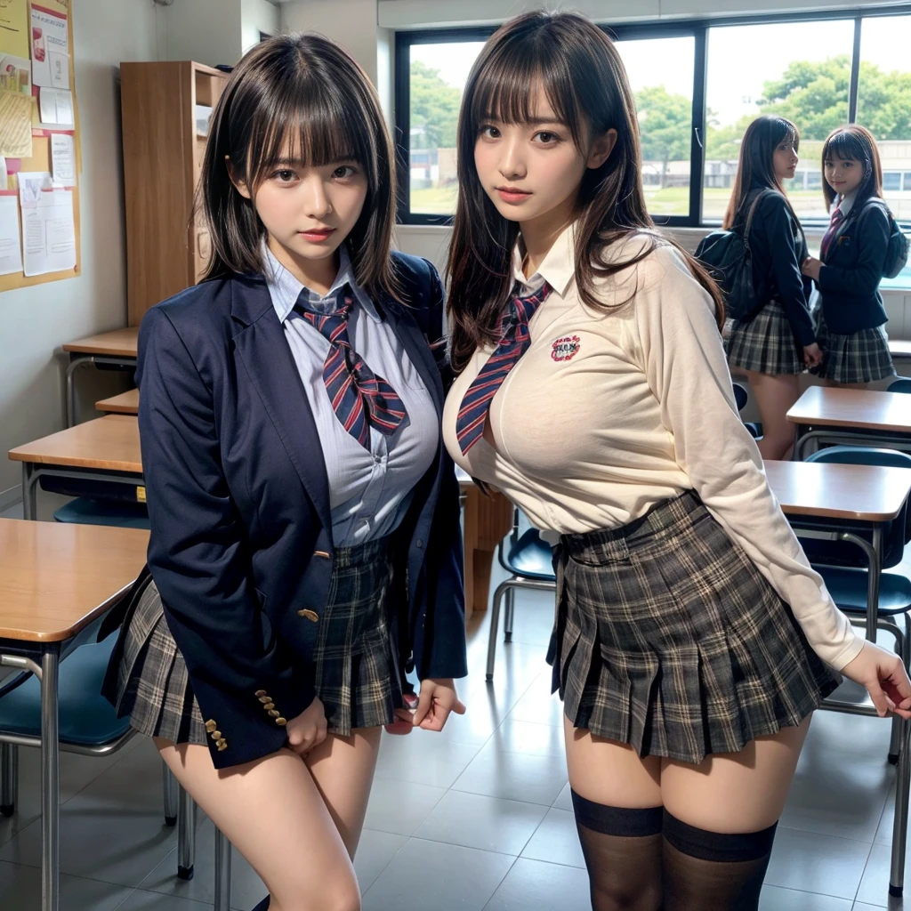 masterpiece, best quality, illustration, Super detailed, fine details, High resolution, 8K,wall paper, perfect dynamic composition,(Details High quality, realistic depiction of eyes:1.3), (2 girls, 2 schoolgirls:1.2), from side, High School Classroom、High school girl uniform、blazer 、Super Short Check Uniform Skirt、Navy blue high socks、garterbelts、Colossal tits、Disturbed uniform, short bob hair, black hair color, huge breasts, Big Natural Color Lip, bold sexy pose, (perfect body shape), crying a little、 Harajuku style、20 year old girl、 beautiful legs, hposing Gravure Idol, Voluptuous thighs