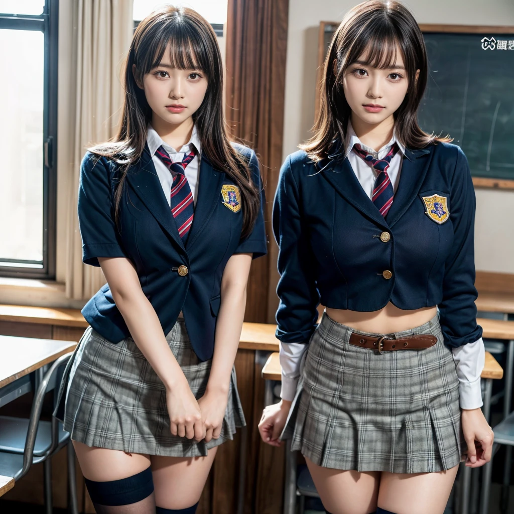 masterpiece, best quality, illustration, Super detailed, fine details, High resolution, 8K,wall paper, perfect dynamic composition,(Details High quality, realistic depiction of eyes:1.3), (2 girls, 2 schoolgirls:1.2), from side, High School Classroom、High school girl uniform、blazer 、Super Short Check Uniform Skirt、Navy blue high socks、garterbelts、Colossal tits、Disturbed uniform,  short bob hair, black hair color, huge breasts, Big Natural Color Lip, bold sexy pose, (perfect body shape), crying a little、 Harajuku style、20 year old girl、 beautiful legs, hposing Gravure Idol, Voluptuous thighs