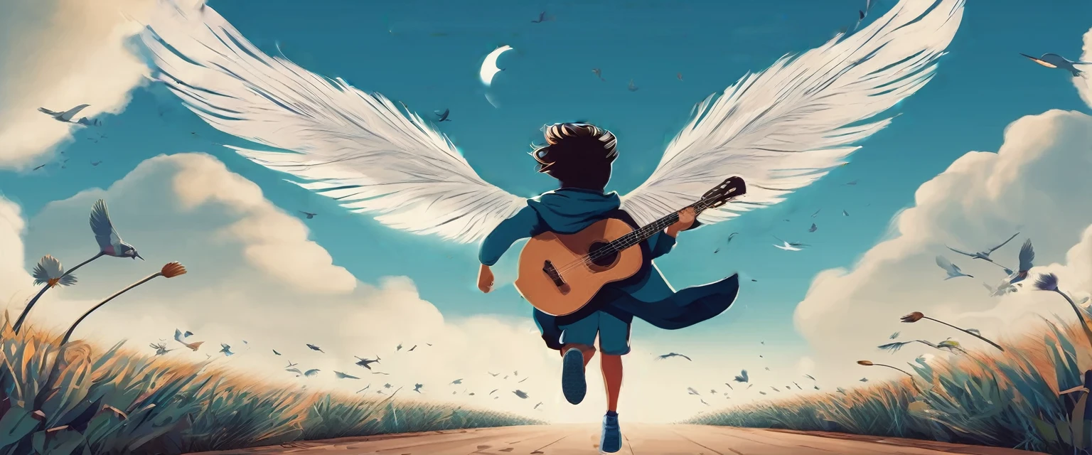 Create a professional, fantastic, cinematic Youtube Banner for a brand about music and stories called " Penamemoria". Masterpiece, 4k, sharp focus, highest quality,wide shot. Imagine a half a feather, half a fantasy boy. The title is " Penamemoria". Is a brand about the creative, unique journey of a boy into becoming a musician storyteller. In his journey he finds inspiration in a world of birds and feathers. Minimalistic, simple, poetic, dreamy logotype at the center of the image. The Background image is a world full of fantastic feathers, unique birds, light blue sky, and a boy running happily into the horizon with an acoustic guitar in his right hand. Boy running against the wind, almost simulating like he is flying