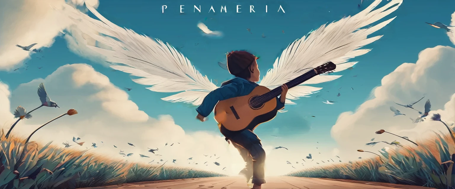 Create a professional, fantastic, cinematic Youtube Banner for a brand about music and stories called " Penamemoria". Masterpiece, 4k, sharp focus, highest quality,wide shot. Imagine a half a feather, half a fantasy boy. The title is " Penamemoria". Is a brand about the creative, unique journey of a boy into becoming a musician storyteller. In his journey he finds inspiration in a world of birds and feathers. Minimalistic, simple, poetic, dreamy logotype at the center of the image. The Background image is a world full of fantastic feathers, unique birds, light blue sky, and a boy running happily into the horizon with an acoustic guitar in his right hand. Boy running against the wind, almost simulating like he is flying