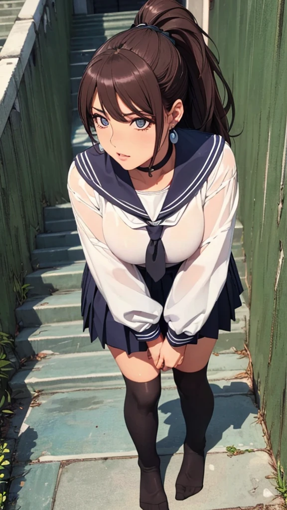 (((highest quality, High resolution, , Pixel Perfect, 4K))),((Correct Anatomy))、((Sailor suit))、(((School stairs))), ((背後からLow - Angle)),((highest quality)), ((Complex and detailed)), ((Black knee-high socks)), ((Mini Pleated Skirt))、An absurd solution, Mature Woman, Mature Woman, perspective, Very detailed,(((Full Body Shot)))、Great style、(Long Hair)、glamorous、Sailor suit、mini skirt、black tights、(((The whole body is visible))), One Woman, ((ponytail)), Perfect hands, Detailed fingers, Beautiful details,  Black choker, Earrings, Black Stockings, Perfect Eyes, Seductive eyes,(Low - Angle)