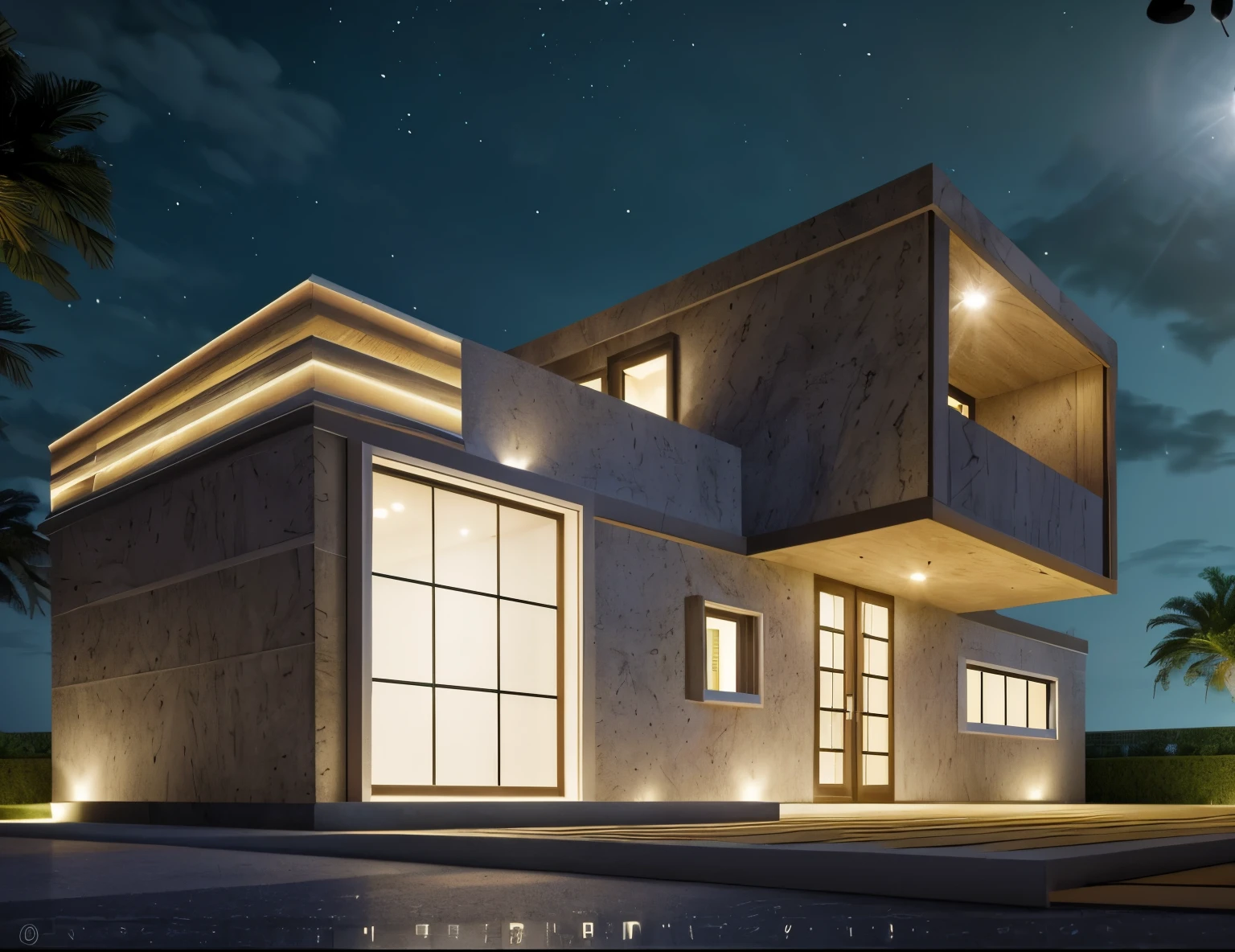 Ultra-realistic 8k, hd image quality, sharp detail, 2-story modern house, ((main materials: gray granite)) , wooden ceiling accents, large glass windows, roads, cars, sidewalks, American Palm trees high, has a small alley, located in a residential area, modern style, shimmering sky, feels peaceful, beautiful, close and warm, ((Warm light from indoor:1.3)), ((Mid Night:1.2)), perfect lighting,dynamic light,2 large glass doors,((1 large glass window:1.3)), (night light), (colorful flowers in front of the house)