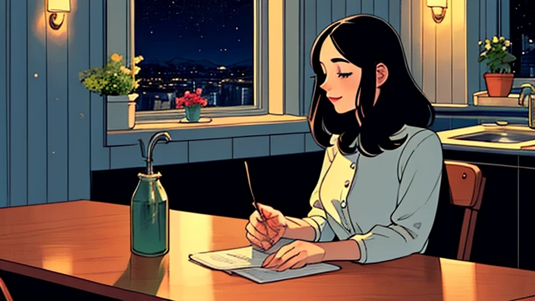 Late at night, a Beautiful woman in her 30s with black hair tied is sitting on the chair with her eyes closed in a stylish kitchen. Cozy wallpaper, Gwydz style artwork, LOFI girls, trending at cgstation, relaxed mood, nightcore, cozy, night, wide glass windows, starry sky, table, chair, fridge, sink, blouse, and she was the only one in the room. beautiful flower. Plants, 2D style animation, looking down.Well-proportioned face, Outside the window is a pitch black starry sky, purple wall, kitchen is dimly,