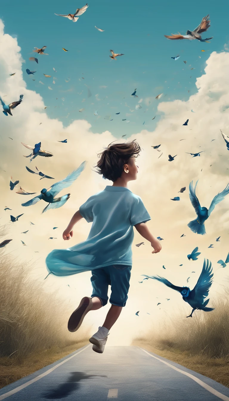 Create a professional, fantastic, cinematic Youtube Banner for a brand about music and stories called " Penamemoria". Masterpiece, 4k, sharp focus, highest quality,wide shot. Imagine a half a feather, half a fantasy boy. The title is " Penamemoria". Is a brand about the creative, unique journey of a boy into becoming a musician storyteller. In his journey he finds inspiration in a world of birds and feathers. Minimalistic, simple, poetic, dreamy logotype at the center of the image. The Background image is a world full of fantastic feathers, unique birds, light blue sky, and a boy running happily into the horizon with an acoustic guitar in his right hand. Boy running against the wind, almost simulating like he is flying
