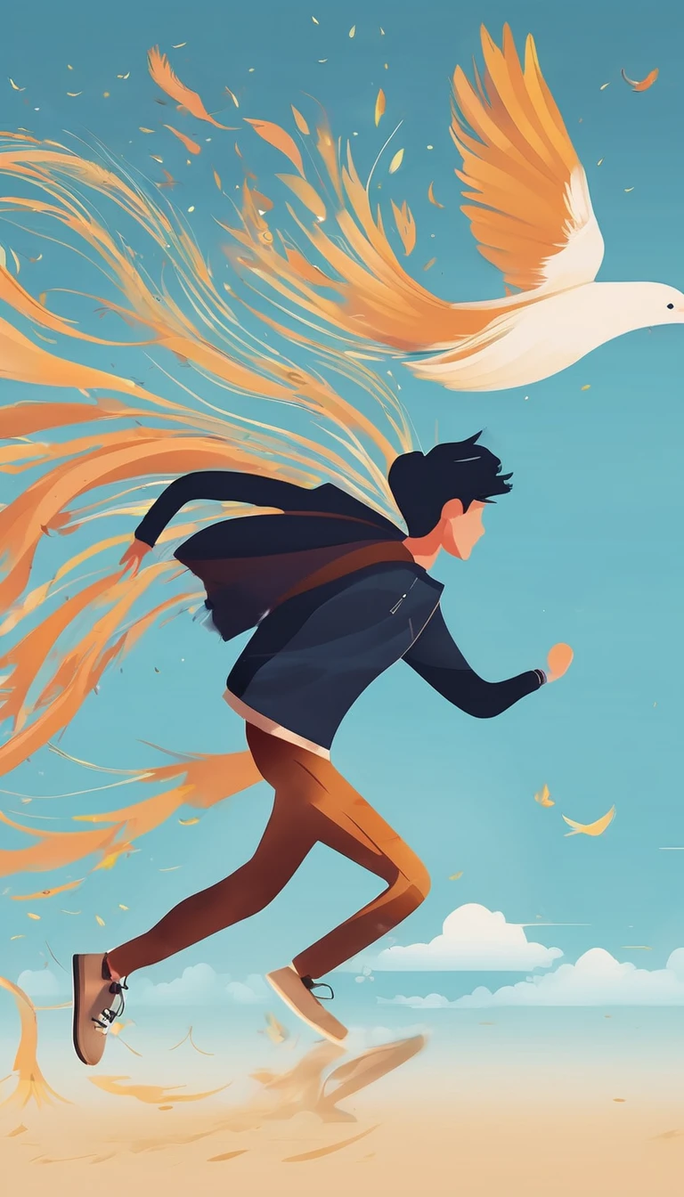 Create a professional, fantastic, cinematic Youtube Banner for a brand about music and stories called " Penamemoria". Masterpiece, 4k, sharp focus, highest quality,wide shot. Imagine a half a feather, half a fantasy boy. The title is " Penamemoria". Is a brand about the creative, unique journey of a boy into becoming a musician storyteller. In his journey he finds inspiration in a world of birds and feathers. Minimalistic, simple, poetic, dreamy logotype at the center of the image. The Background image is a world full of fantastic feathers, unique birds, light blue sky, and a boy running happily into the horizon with an acoustic guitar in his right hand. Boy running against the wind, almost simulating like he is flying