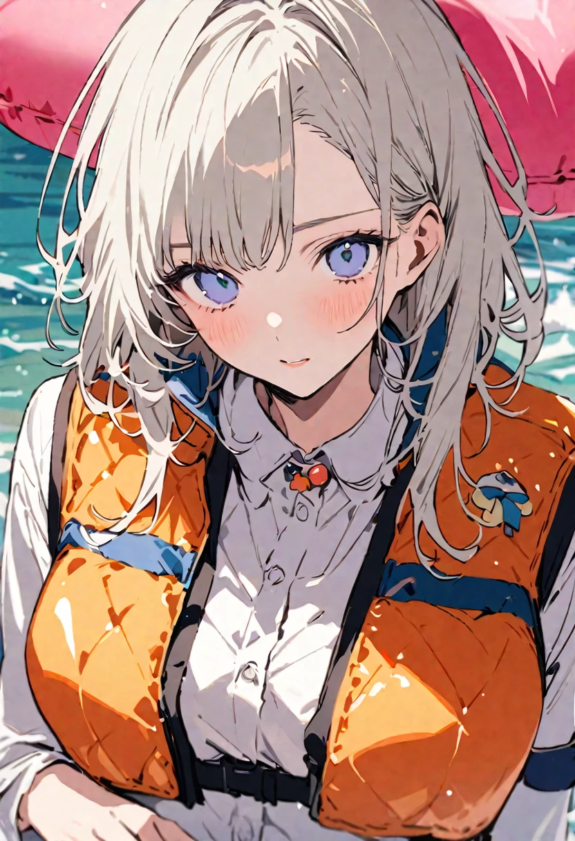 masterpiece, highest quality, Illustration of the novel, High resolution, 18+ Adult content, Sensual, Intimate, Emotional, Passionate, romantic, sweet, Adorable, Innocent, Pure, Charmな, Charmな, Charm, Mysterious, Charmな, Charmな, Immersive, Charmな, dream-like, Surreal, Imaginative, Whimsical, artistic, Avant-garde, timeless, elegant, Sophisticated, chic, Sophisticated, personality, original, Charmな,((life vest,inflatable vest:1.3))、((Upper Body:1.3))