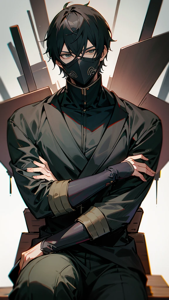 A man, short hair, sitting seriously, mask on his face, dark anime style,Dynamic camera 