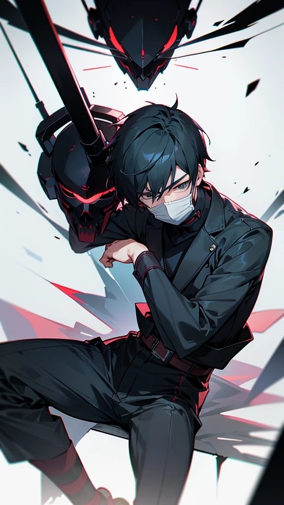 A man, short hair, sitting seriously, mask on his face, dark anime style,Dynamic camera