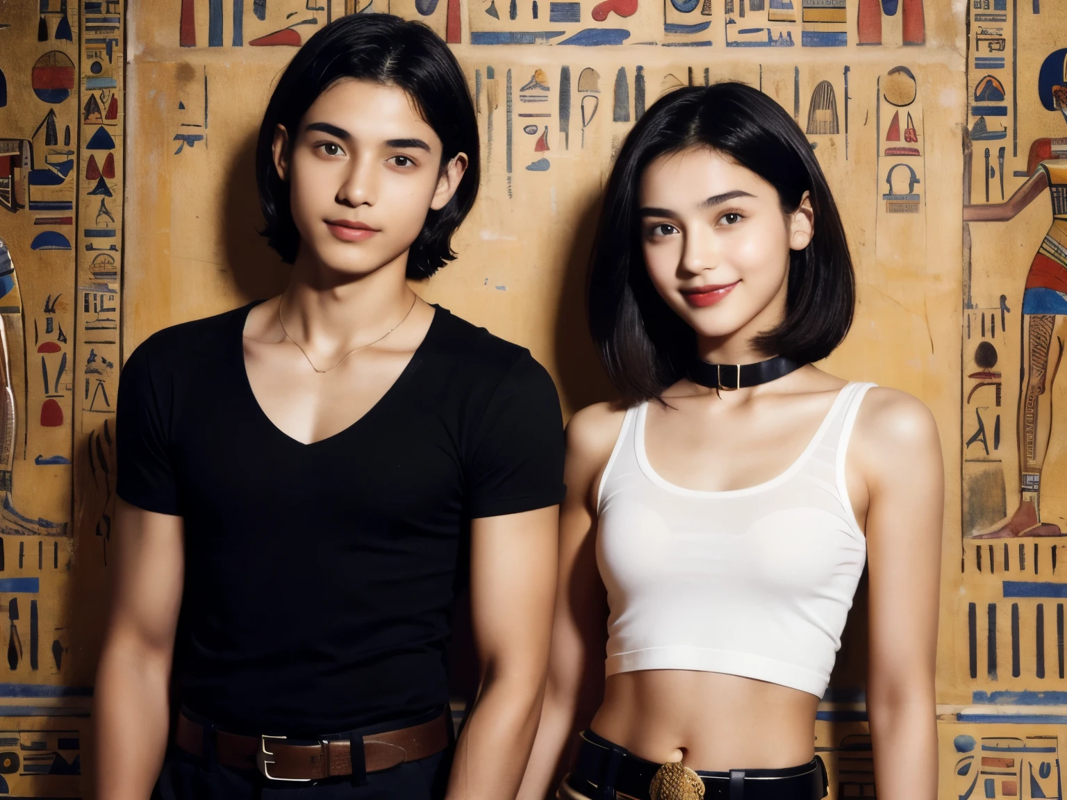 245 Inside the mural２people々々々々々々々(An 18-year-old female and an 18-year-old male), short hair,kind, lipstick, Egyptian civilization, Waist belt, Hieroglyphics, smile