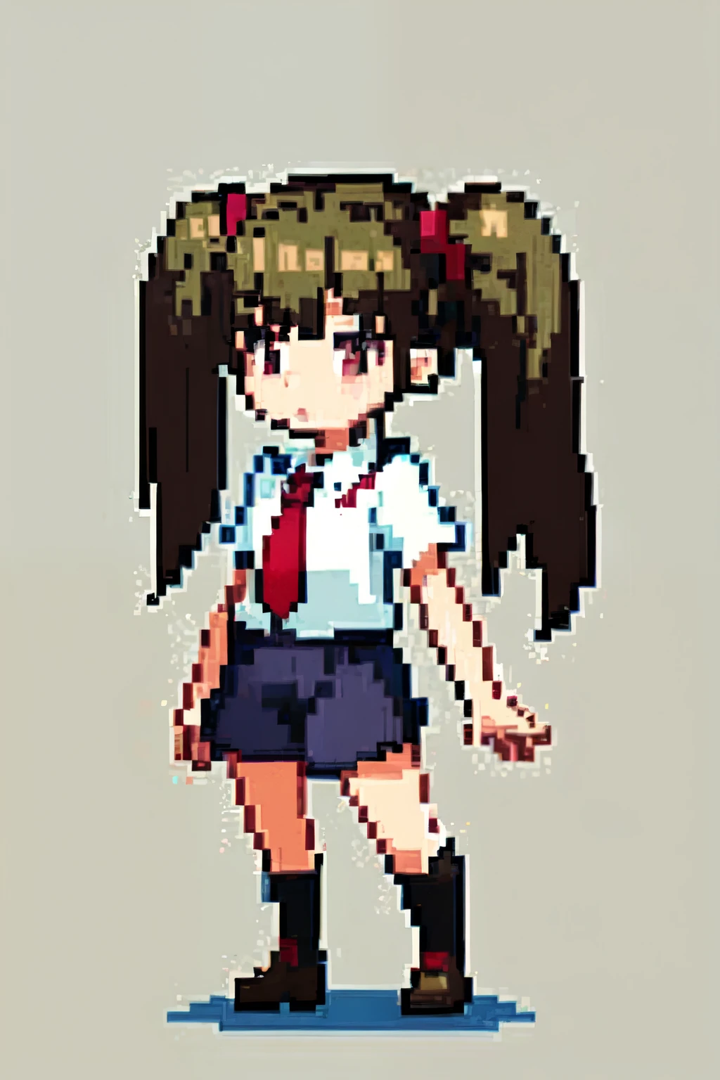 ((best quality)), ((pixelart)), 1girl, brown hair, fringe, pigtails, dark grey , red tie 