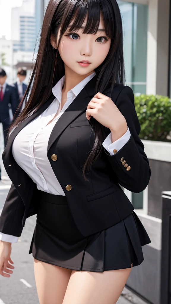 Detailed face、highlight、Asian Girl、thigh、breast enhancement、black髪、Heavy bangs、skirt、blazer、red、black、white