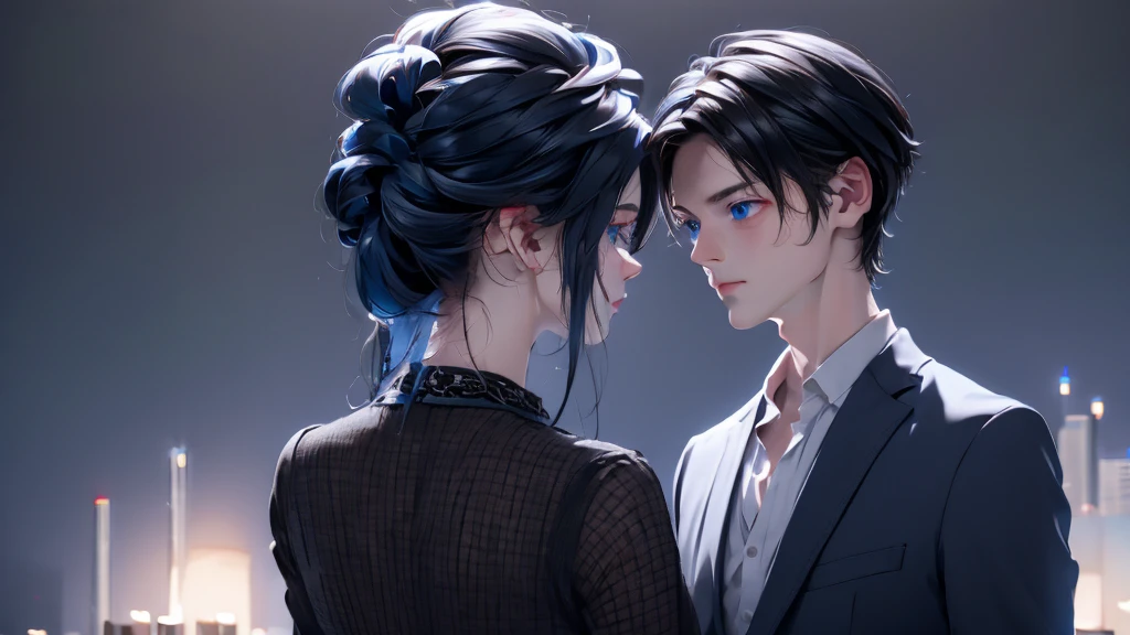 1 Boy&Girl , Boy medium light black hair, Girl medium light blue hair, light blue eyes, wearing black suit, night city, 18+ , high res, ultrasharp, 8K, masterpiece, looking from behind