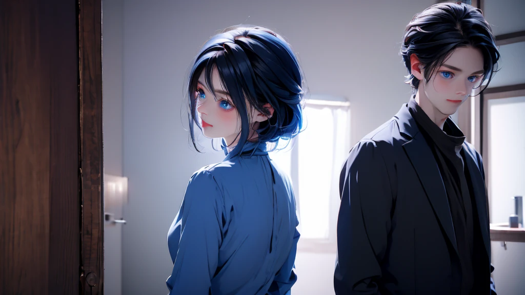 1 Boy&Girl , Boy medium light black hair, Girl medium light blue hair, light blue eyes, wearing black suit, night city, 18+ , high res, ultrasharp, 8K, masterpiece, looking from behind