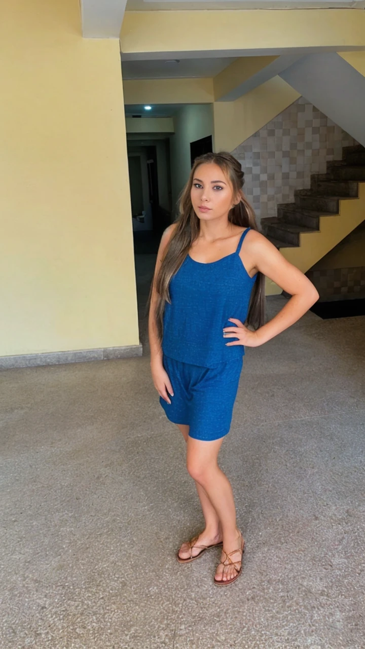 fully tanned 9 year old girl, enges Kleid, corps en entier, sinnliche Pose, visible armpit, Blick sexy, Adorable smile, Stunning bust, Erstaunliche Frisur, Perlen, Appartement riche, Sonnig,