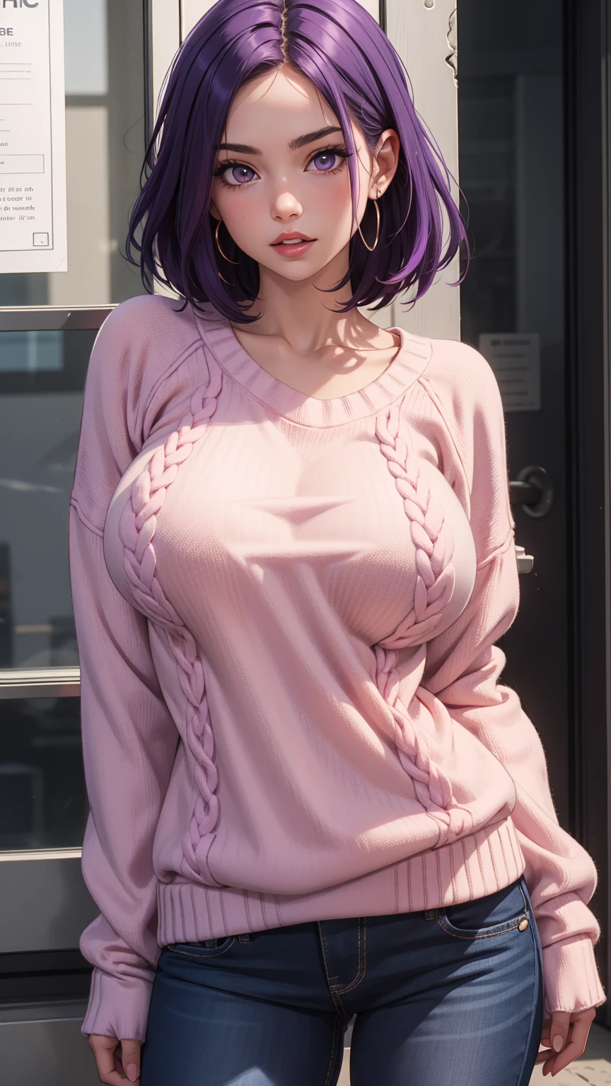 1 , purple hair, pink sweater, parted lips, large breasts