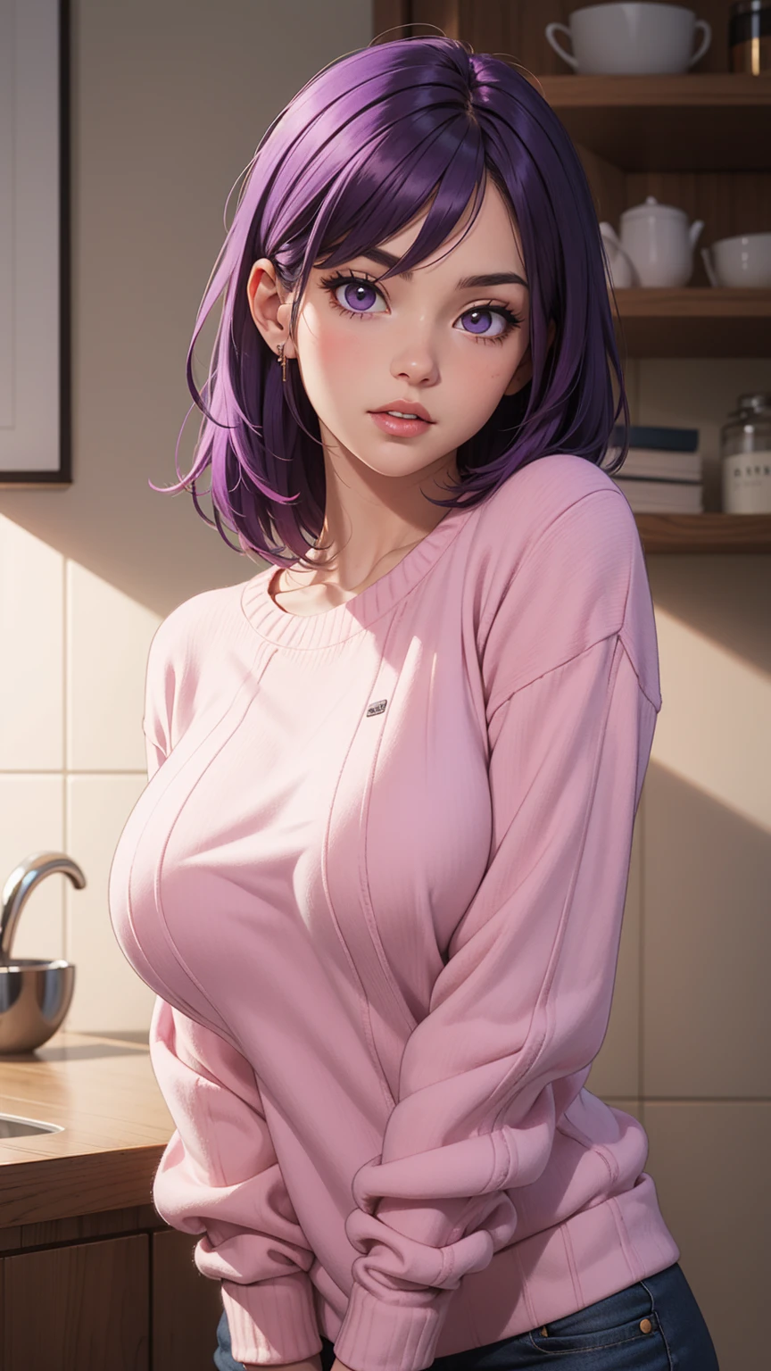 1 , purple hair, pink sweater, parted lips, large breasts