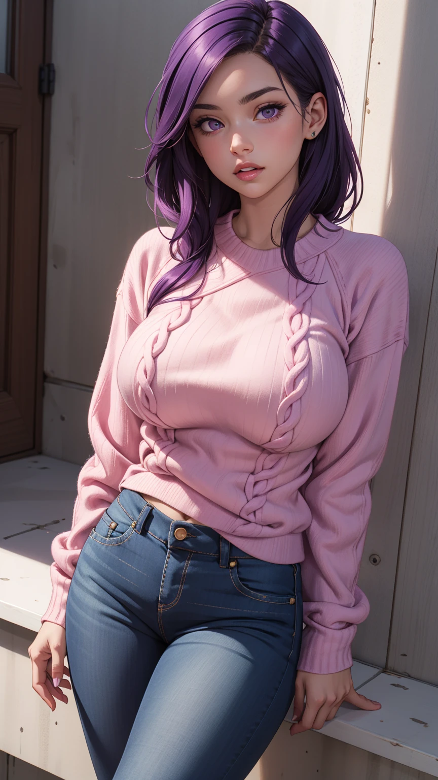 1 babe, purple hair, pink sweater, parted lips, large breasts