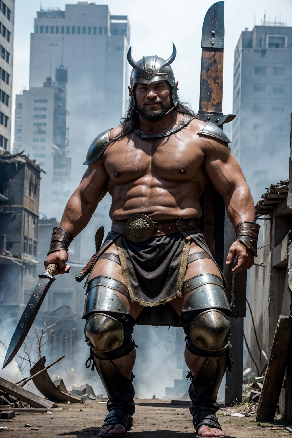 looking at us, shoot from front, face focus, Bandit, Fat ferocious barbarian:2, This barbarian is a robust stocky Japanese, smirking, mid combat, intense battle scene, leather and iron armor, armored short skirt, holding a Viking War Axes, viking helmet, legs exposed from thighs to feet, fierce warriors, ancient battlefields, epic showdown, battleground background, masterpiece, volumetric lighting, Dramatic, Uighur the Warden, breathtaking action, dynamic poses, bald, ((ultra sharp)), ((masterpiece)), ((best quality)), ((ultra detailed)), ((intricate details)), Inguinal region detailed, Dilapidated, breathtaking action, destroyed city after big air raids, fire, A desolate, post-apocalyptic cityscape, A brutal scene, lets out a yell, casting an ominous shadow,