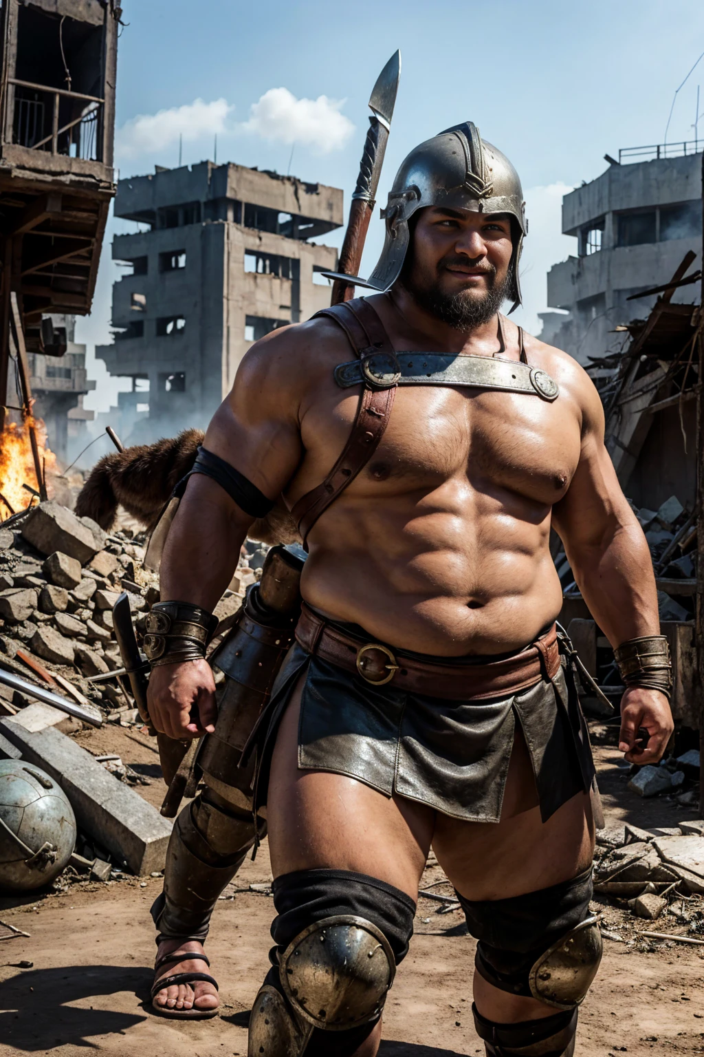 looking at us, shoot from front, face focus, Bandit, Fat ferocious barbarian:2, This barbarian is a robust stocky Japanese, smirking, mid combat, intense battle scene, leather and iron armor, armored short skirt, holding a Viking War Axes, viking helmet, legs exposed from thighs to feet, fierce warriors, ancient battlefields, epic showdown, battleground background, masterpiece, volumetric lighting, Dramatic, Uighur the Warden, breathtaking action, dynamic poses, bald, ((ultra sharp)), ((masterpiece)), ((best quality)), ((ultra detailed)), ((intricate details)), Inguinal region detailed, Dilapidated, breathtaking action, destroyed city after big air raids, fire, A desolate, post-apocalyptic cityscape, A brutal scene, lets out a yell, casting an ominous shadow,