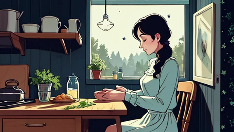 Late at night, a Beautiful woman in her 30s with black hair tied is sitting on the chair with her eyes closed in a stylish kitchen. Cozy wallpaper, Gwydz style artwork, LOFI girls, trending at cgstation, relaxed mood, nightcore, cozy, night, wide glass windows, starry sky, table, chair, fridge, sink, blouse, and she was the only one in the room. beautiful flower. Plants, 2D style animation, looking down.Well-proportioned face, Outside the window is a pitch black starry sky, purple wall, kitchen is dimly,