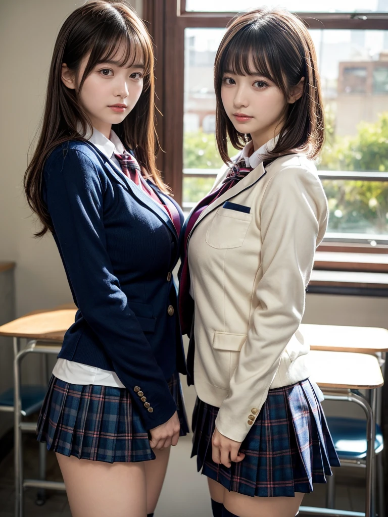 masterpiece, best quality, illustration, Super detailed, fine details, High resolution, 8K,wall paper, perfect dynamic composition,(Details High quality, realistic depiction of eyes:1.3), (2 girls, 2 schoolgirls:1.2), from side, High School Classroom、High school girl uniform、blazer 、Super Short Check Uniform Skirt、Navy blue high socks、garterbelts、Colossal tits、Disturbed uniform, short bob hair, black hair color, huge breasts, Big Natural Color Lip, bold sexy pose, (perfect body shape), crying a little、 Harajuku style、20 year old girl、 beautiful legs, hposing Gravure Idol, Voluptuous thighs