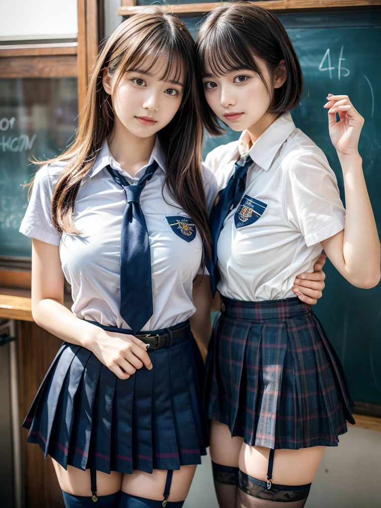 masterpiece, best quality, illustration, Super detailed, fine details, High resolution, 8K,wall paper, perfect dynamic composition,(Details High quality, realistic depiction of eyes:1.3), (2 girls, 2 schoolgirls:1.2), from side, High School Classroom、High school girl uniform、blazer 、Super Short Check Uniform Skirt、Navy blue high socks、garterbelts、Colossal tits、Disturbed uniform,  short bob hair, black hair color, huge breasts, Big Natural Color Lip, bold sexy pose, (perfect body shape), crying a little、 Harajuku style、20 year old girl、 beautiful legs, hposing Gravure Idol, Voluptuous thighs