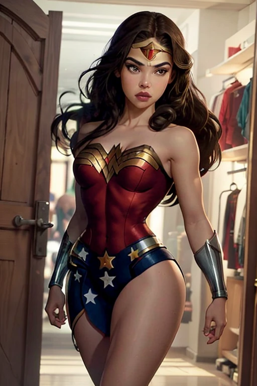 PhotoRealistic Art Style Best Qualit:1.3, Natural Beauty, Masterpiece, Full Body View Visible, Hailee Steinfeld, Perfectly Accurate Face Proportion,Realistic Light Hazel Brown Eyes, Thick Eyebrows, Brown hair, slim toned Thighs, tight ass, perky round breast , slim athletic body type, perfect body type, wonder woman, Poised for Action: In a slightly bent-knee stance, the tight suit accentuates Wonder Woman's buttocks and the curve of her lower back. Her readiness for action is highlighted by the form-fitting fabric clinging to her powerful frame.