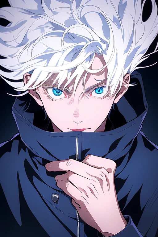 gojou satoru, 1boy, full body, white hair, blue eyes, looking at viewer,
high collar, hair between eyes, black jacket,