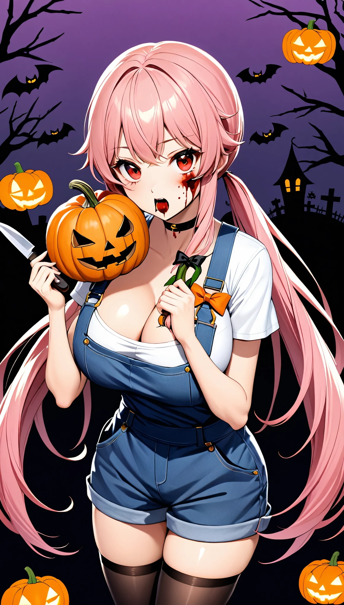 1girl, solo, red_eyes, pink_hair, holding, mouth_mask, breasts, blood, holding_vegetable, long_hair, mask, shirt, looking_at_viewer, pumpkin, knife, jack-o'-lantern, overalls, holding_knife, halloween, short_sleeves, hair_bow, bow, cowboy_shot, blood_on_face, choker, twintails, cleavage, thighhighs, vegetable, large_breasts, black_thighhighs, sidelocks