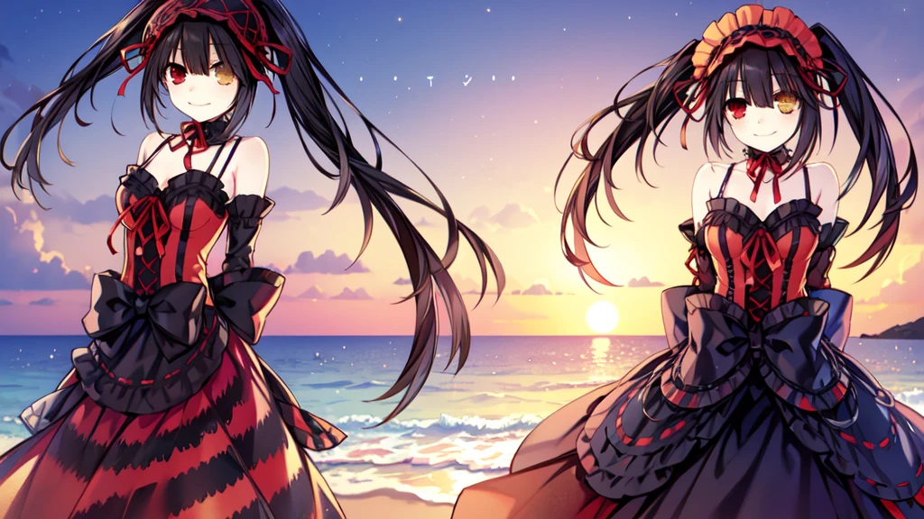 A masterpiece, best quality, seaside, Beach,A girl,arms behind back, long black hair in twin tails, (golden eyes:1.2), heterochromia, (red eyes:1.2), Kurumi Tokisaki, smiling, gothic ****ta fashion accessories, victorian maid headdress, black ribbon, muzzle, gothic ****ta fashion accessories