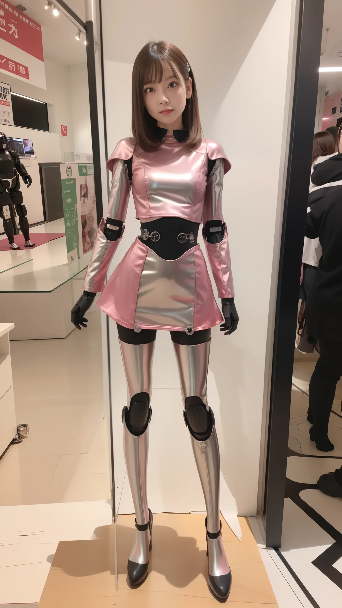 Robot Girl, pink there, Silver, Metallic body, Robot Parts, Metal Parts, Super Detailed Face, Super well-formed face, of the highest quality, a small face, a small head, Brown hair, Slender body, Camera gaze, Internal Mechanical Exposure, Idol, front facing, Well-proportioned body, sale, Exhibited, Event Hall, Moe Pose, pink metallic Lolita dress machine armor, Standing with legs open, Model body type, sad, Embarrassing,(Perfect Robot Girl),(Perfect machine body)