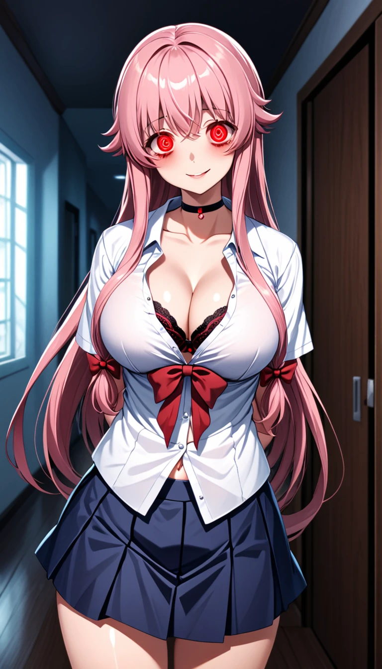 1girl, breasts, solo, red_eyes, skirt, pink_hair, smile, looking_at_viewer, choker, yandere, navel, school_uniform, glowing_eyes, cleavage, pleated_skirt, shirt, indoors, arms_behind_back, collarbone, long_hair, bow, large_breasts, horror_(theme), blue_skirt, hair_bow, cowboy_shot, bra, black_choker, thighs, partially_unbuttoned, white_shirt