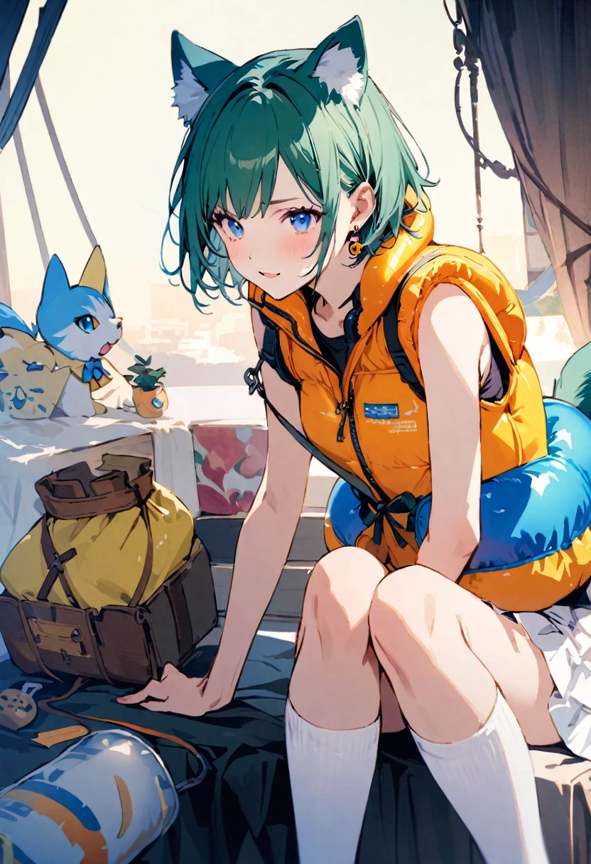 1girl in realistic extra shiny small yellow puffy small life vest, The life vest is buckled,masterpiece, highest quality, Illustration of the novel, High resolution, 18+ Adult content, Sensual, Intimate, Emotional, Passionate, romantic, sweet, Adorable, Innocent, Pure, Charmな, Charmな, Charm, Mysterious, Charmな, Charmな, Immersive, Charmな, dream-like, Surreal, Imaginative, Whimsical, artistic, Avant-garde, timeless, elegant, Sophisticated, chic, Sophisticated, personality, original, Charmな,One Girl,Deltamon_beta, alone, blue eyes, Knee socks, Animal ears, Expose your shoulders, Blue Tail, Earrings,Removable sleeves, Green Hair, Sleeveless, Cat ear, bag, white Knee socks, Cat'tail,pink backpack,Pink school bag,Lavender lace: Lavender Peter Pan collar lace dress, Paired with ivory tights and Mary Jane shoes.
rest ((life vest,inflatable vest))