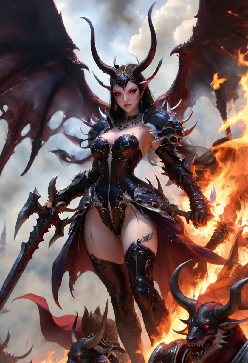 Munagolas are the result of the single-minded ambition of Eiseth, the Erinyes Queen and Hell's Valkyrie. Shortly after she established her realm in Dis, Eiseth set about creating an army worthy of her rage and might. The result of fleshwarping and infernal tinkering that defies even the archdevils’ scrutiny, munagolas combine the aerial strength and craftiness of erinyes with the sheer brute force of barbed devils, bone devils, and even pit fiends. It takes centuries to create one munagola from a progenitor erinyes, but once she's transformed, the devil is even stronger, more furious, and more determined to conquer Hell on Eiseth’s behalf than ever before. (Wields great axe), (pair black wings), (very muscolar), (full body image) (best quality, masterpiece, Representative work, official art, Professional, Ultra intricate detailed, 8k) ((very realistic)) (no armor) (he is standing in the flames)