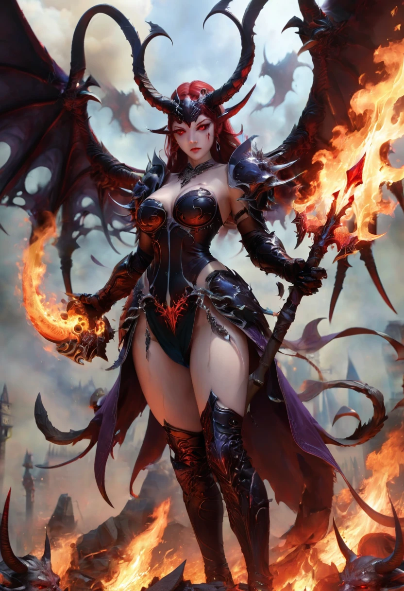 Munagolas are the result of the single-minded ambition of Eiseth, the Erinyes Queen and Hell's Valkyrie. Shortly after she established her realm in Dis, Eiseth set about creating an army worthy of her rage and might. The result of fleshwarping and infernal tinkering that defies even the archdevils’ scrutiny, munagolas combine the aerial strength and craftiness of erinyes with the sheer brute force of barbed devils, bone devils, and even pit fiends. It takes centuries to create one munagola from a progenitor erinyes, but once she's transformed, the devil is even stronger, more furious, and more determined to conquer Hell on Eiseth’s behalf than ever before. (Wields great axe), (pair black wings), (very muscolar), (full body image) (best quality, masterpiece, Representative work, official art, Professional, Ultra intricate detailed, 8k) ((very realistic)) (no armor) (he is standing in the flames)