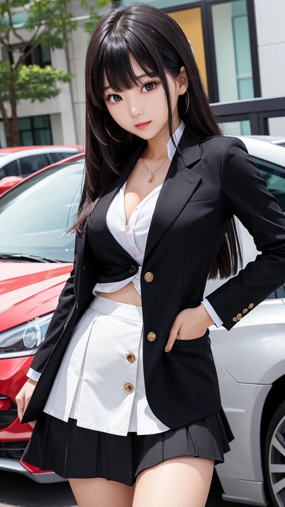 Detailed face、highlight、Asian Girl、thigh、breast enhancement、black髪、Heavy bangs、skirt、blazer、red、black、white