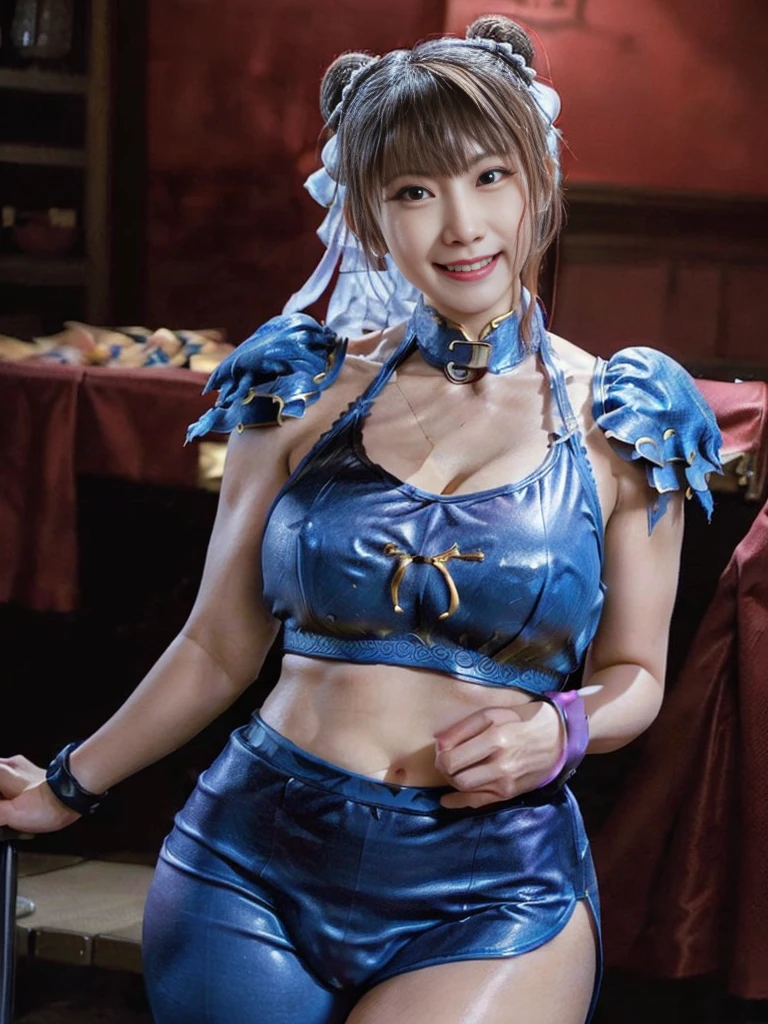 (((Chunli:1.5、Chun-Li)))、Ultra-high resolution, (Photorealistic:1.4), Japanese, (Beautiful:1.1), (One Woman:1.5), (Age 35:1.3), (Photorealistic photos:1.2), In 8K, Neat bangs, Enlarge the background, (Solo:1.5),、Japanese actress、smile、A smile that seems to burst with joy、whole body、Thick thighs、Is doing a high kick
