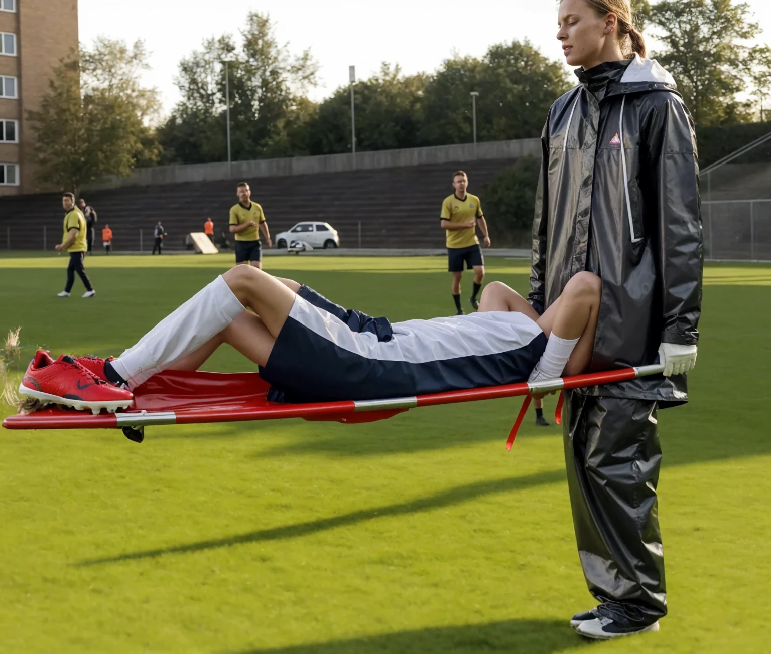 the lower part of soccer soccs and soccer shoes on the left end of the lying soccer player on the photo
