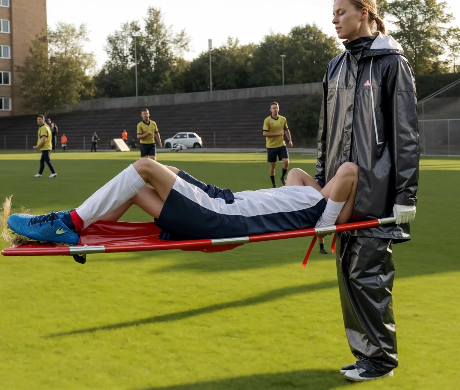 the lower part of soccer soccs and soccer shoes on the left end of the lying soccer player on the photo