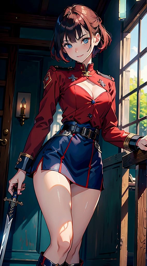 8K High Resolution、(((masterpiece)))、Anime Art、20 year old beauty、Fearless smile、Redhead short cut、167㎝、Small breasts、Blue Eyes、Imposing eyebrows、(((crimson military uniform)))、Vienna in the late 19th century、Austrian Army Officer、Silver rose ornament on chest、Beige knee-length skirt、Black boots、A Japanese sword hangs from his waist