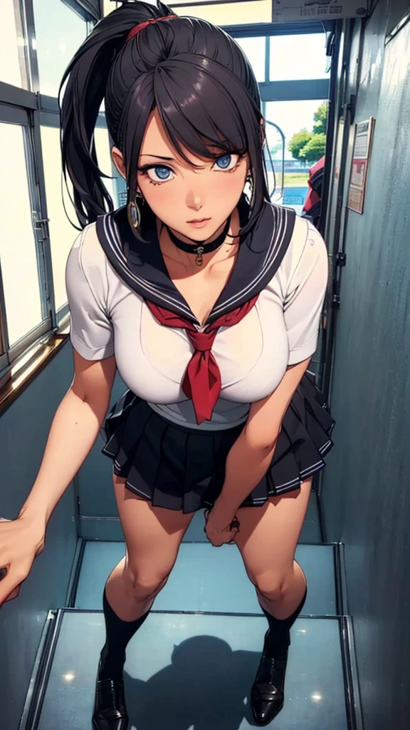 (((highest quality, High resolution, , Pixel Perfect, 4K))),((Correct Anatomy))、((Sailor suit))、(((School stairs))), ((背後からLow - Angle)),((highest quality)), ((Complex and detailed)), ((Black knee-high socks)), ((Mini Pleated Skirt))、An absurd solution, Mature Woman, Mature Woman, perspective, Very detailed,(((Full Body Shot)))、Great style、(Long Hair)、glamorous、Sailor suit、mini skirt、black tights、(((The whole body is visible))), One Woman, ((ponytail)), Perfect hands, Detailed fingers, Beautiful details,  Black choker, Earrings, Black Stockings, Perfect Eyes, Seductive eyes,(Low - Angle)