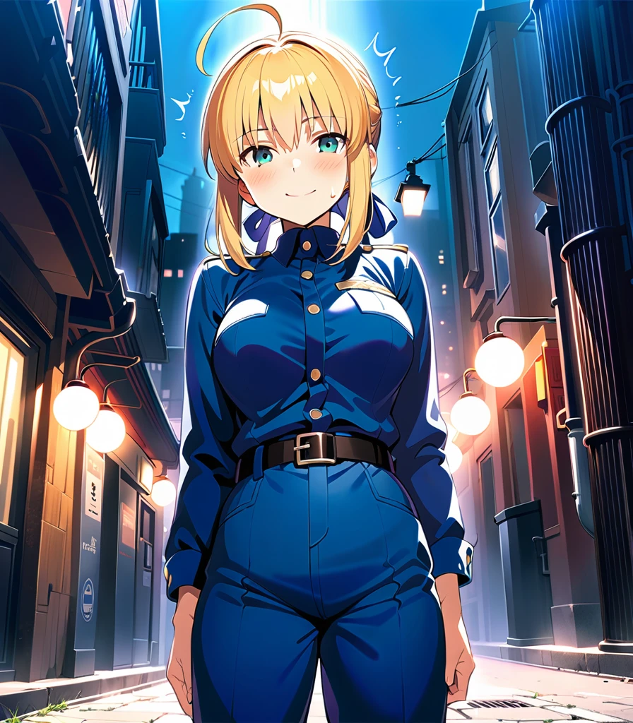 best quality, amazing quality, very aesthetic, 1girl, saber, fate/stay night, 1girl, saber, fate/stay night, , (artist official art:1.5), ahoge_hair, green eyes, steaming body, trembling, large breasts, G_Cup, jitome, cinematic light, policewoman_costume, stand, on the road, dark_room, happy, smile, blush, night, looking_at_viewer, oily_skin