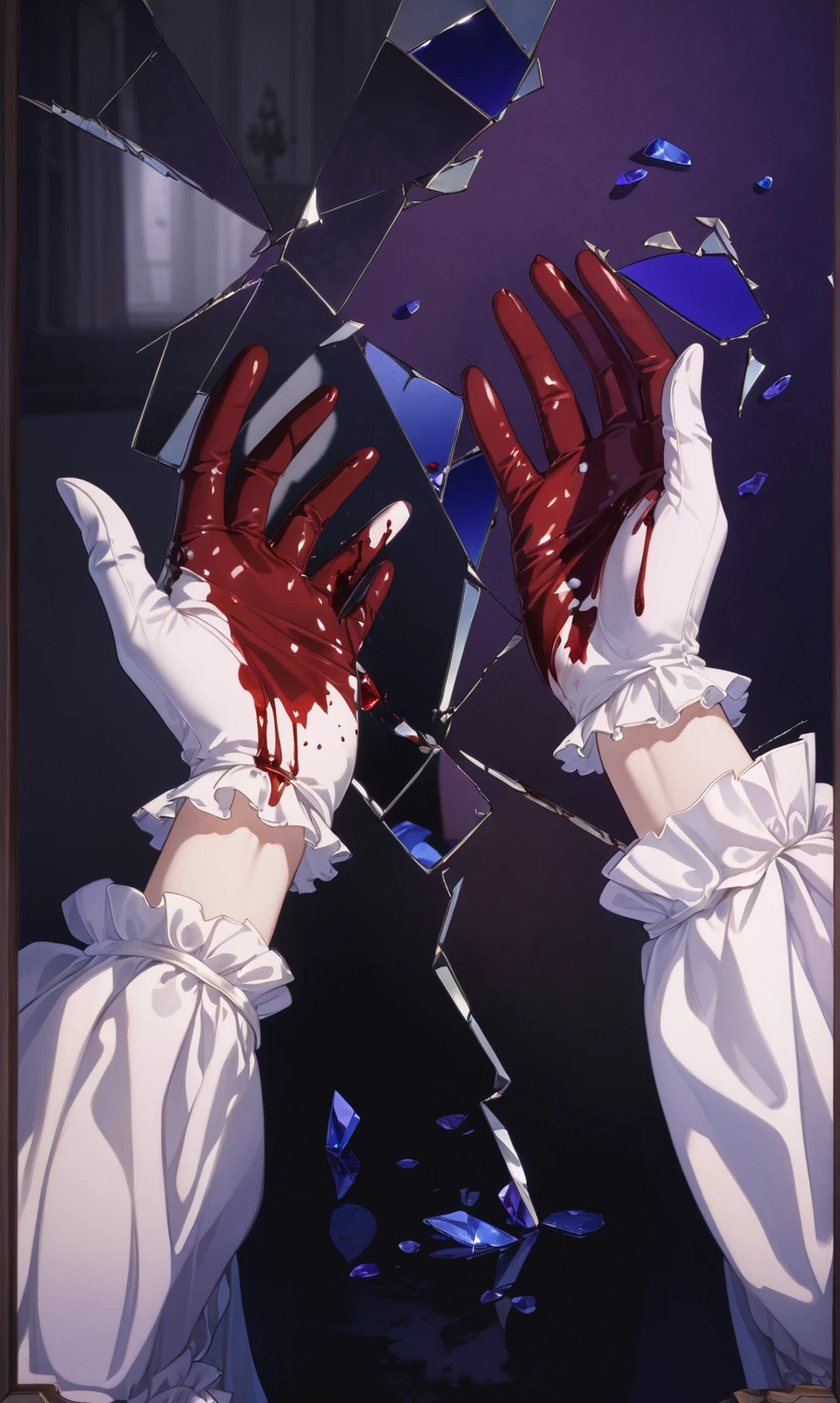 violet and blue colors, pieces of broken mirror, womans hand in white gloves, fragments of mirror, reflection of hands in the mirror, victorian era, victorian style, blood on the gloves, red blood, anime style, masterpiece, european, victorian era, classical, slim, beautiful illustration, visual novel, highly detailed, masterpiece,