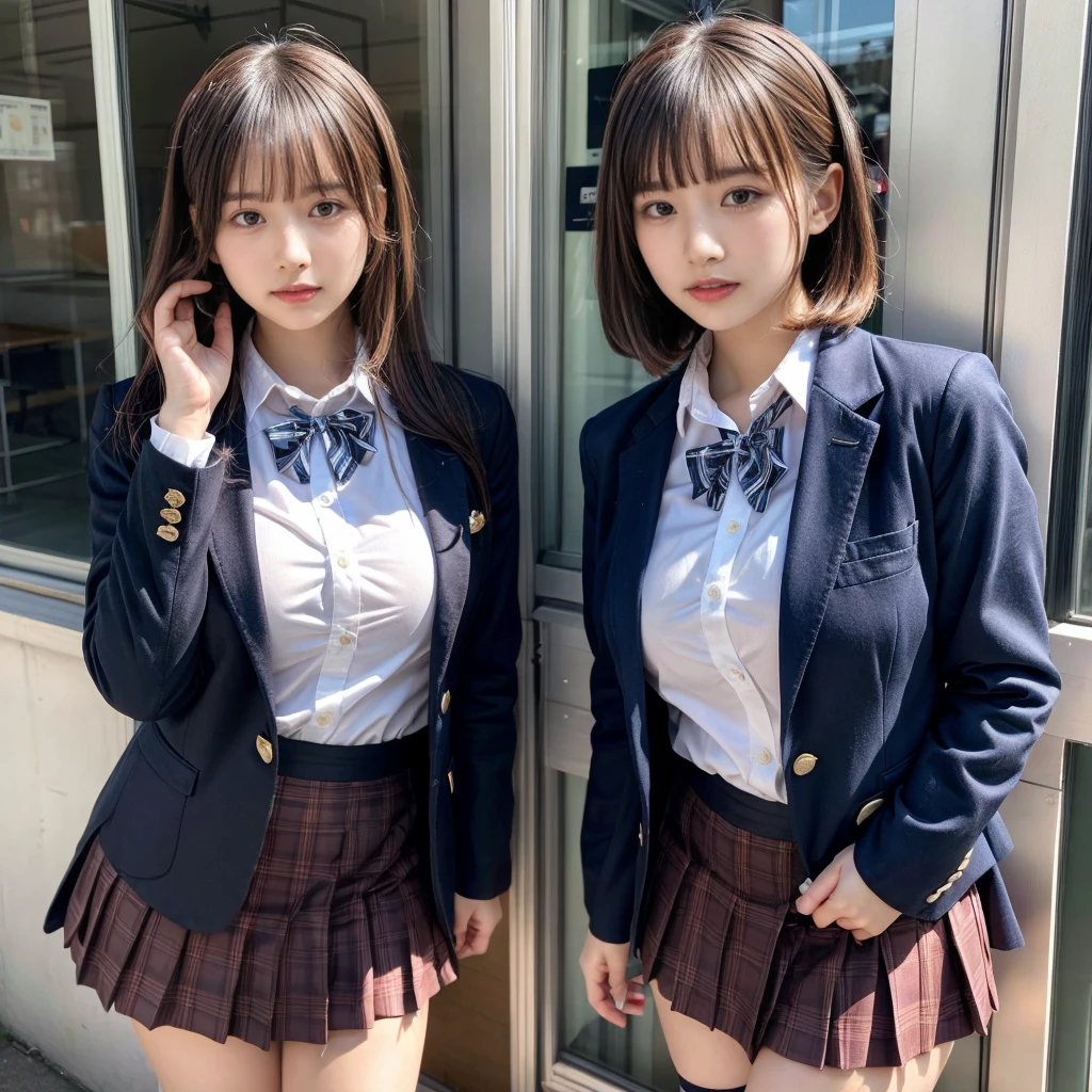 masterpiece, best quality, illustration, Super detailed, fine details, High resolution, 8K,wall paper, perfect dynamic composition,(Details High quality, realistic depiction of eyes:1.3), (2 girls, 2 schoolgirls:1.2), from side, High School Classroom、High school girl uniform、blazer 、Super Short Check Uniform Skirt、Navy blue high socks、garterbelts、Colossal tits、Disturbed uniform, short bob hair, black hair color, huge breasts, Big Natural Color Lip, bold sexy pose, (perfect body shape), crying a little、 Harajuku style、20 year old girl、 beautiful legs, hposing Gravure Idol, Voluptuous thighs