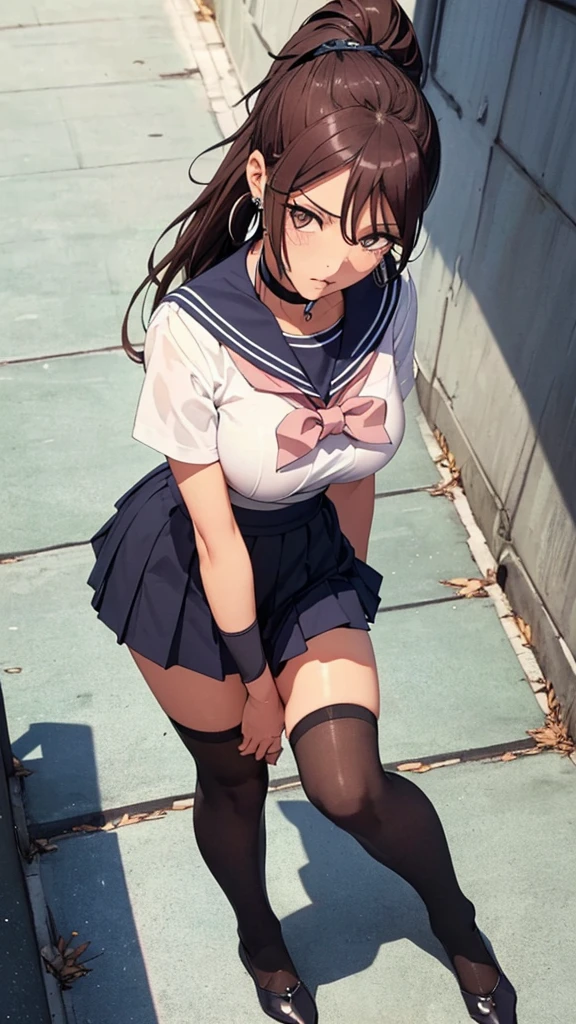 (((highest quality, High resolution, , Pixel Perfect, 4K))),((Correct Anatomy))、((Sailor suit))、(((School stairs))), ((背後からLow - Angle)),((highest quality)), ((Complex and detailed)), ((Black knee-high socks)), ((Mini Pleated Skirt))、An absurd solution, Mature Woman, Mature Woman, perspective, Very detailed,(((Full Body Shot)))、Great style、(Long Hair)、glamorous、Sailor suit、mini skirt、black tights、(((The whole body is visible))), One Woman, ((ponytail)), Perfect hands, Detailed fingers, Beautiful details,  Black choker, Earrings, Black Stockings, Perfect Eyes, Seductive eyes,(Low - Angle)