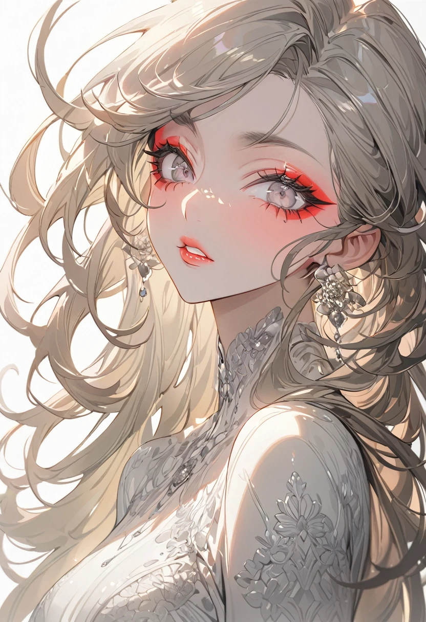 (highest quality,Super detailed,High resolution:1.2),beautiful woman with perfect face,very_Long eyelashes, Detailed lips, Cool look, Soft Skin, Shiny Hair,Exquisite makeup,Heavy bangs，Double teeth，Dilated grey eyes，Posing